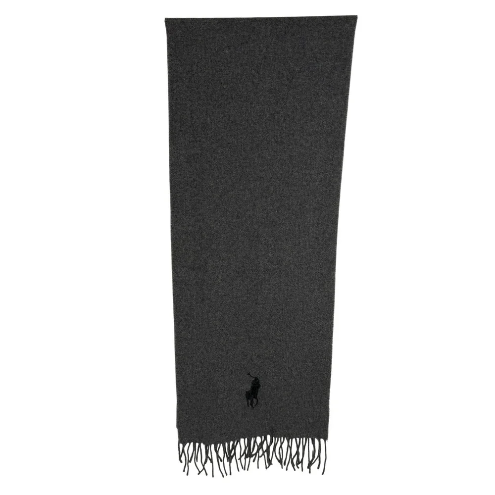 Polo Ralph Lauren Gray 100% Lambswool Scarf Made in Italy Fringe Pony Logo